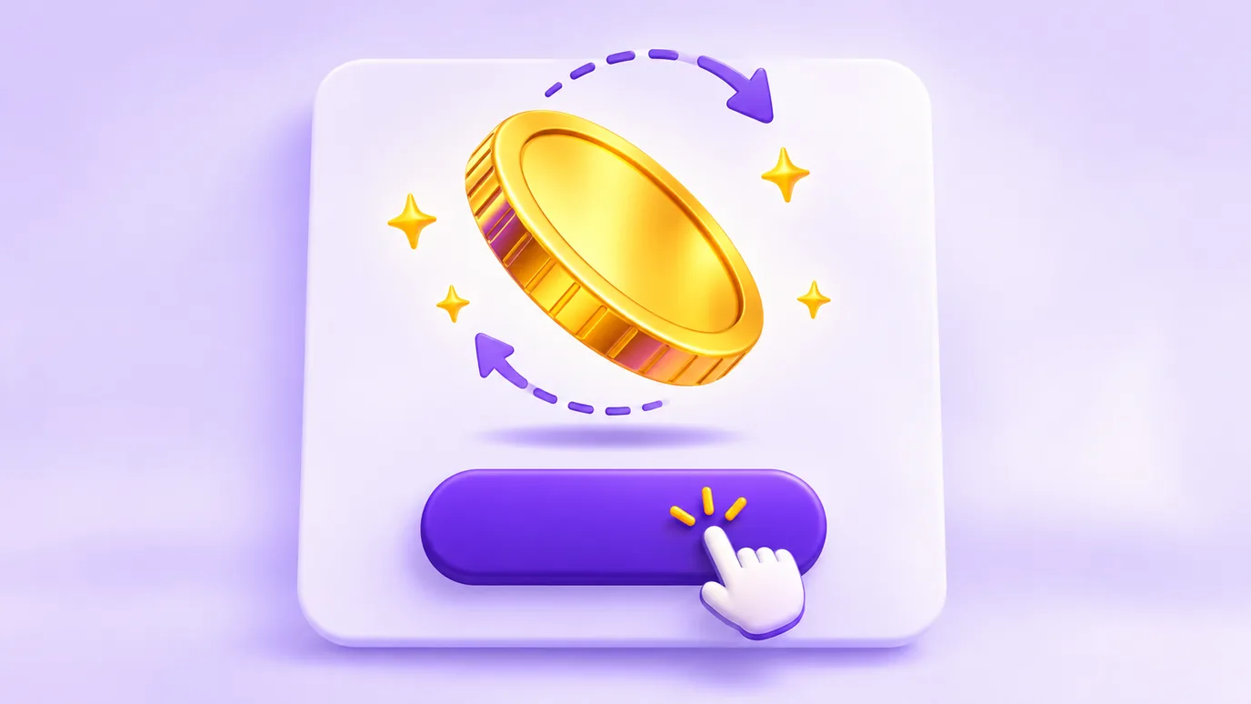 A golden coin spinning in the air, with motion arrows, and a finger tapping a purple button