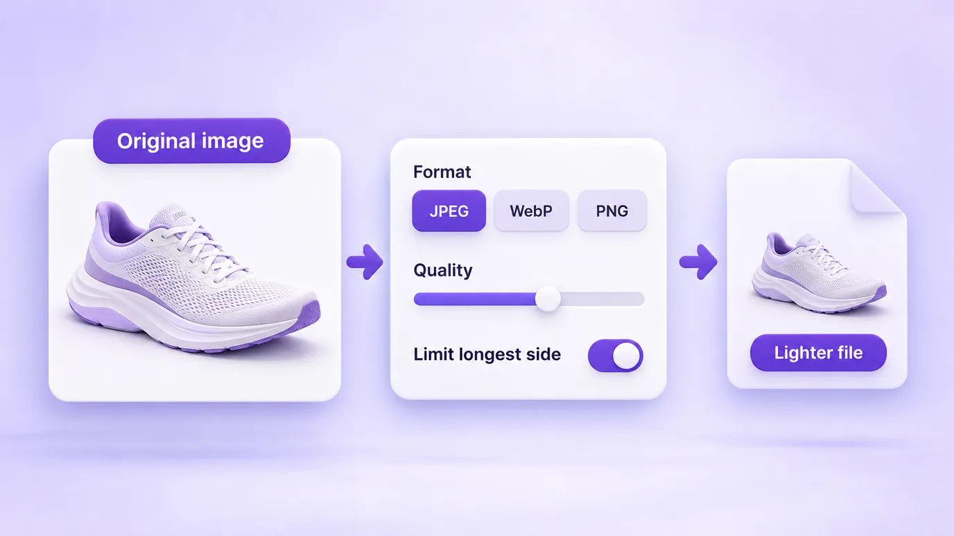 Flow to reduce an image's file size by choosing format, quality and a limit on the longest side