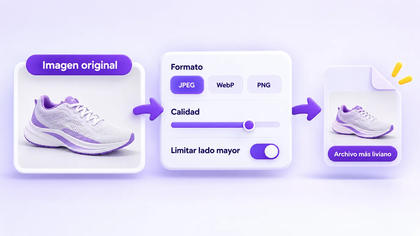 Flujo para reducir el peso de una imagen eligiendo formato, calidad y límite del lado mayor
