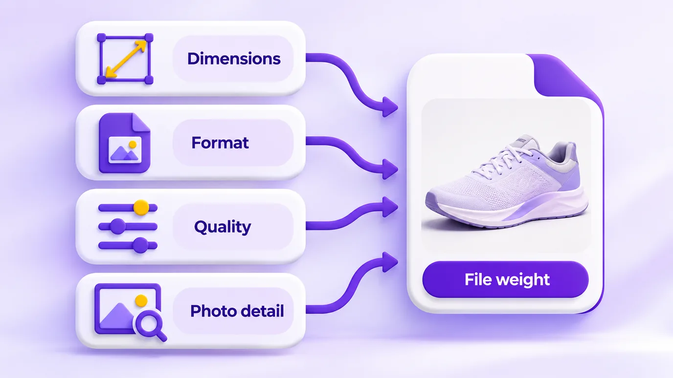 Four factors that set an image's file weight: dimensions, format, quality and photo detail