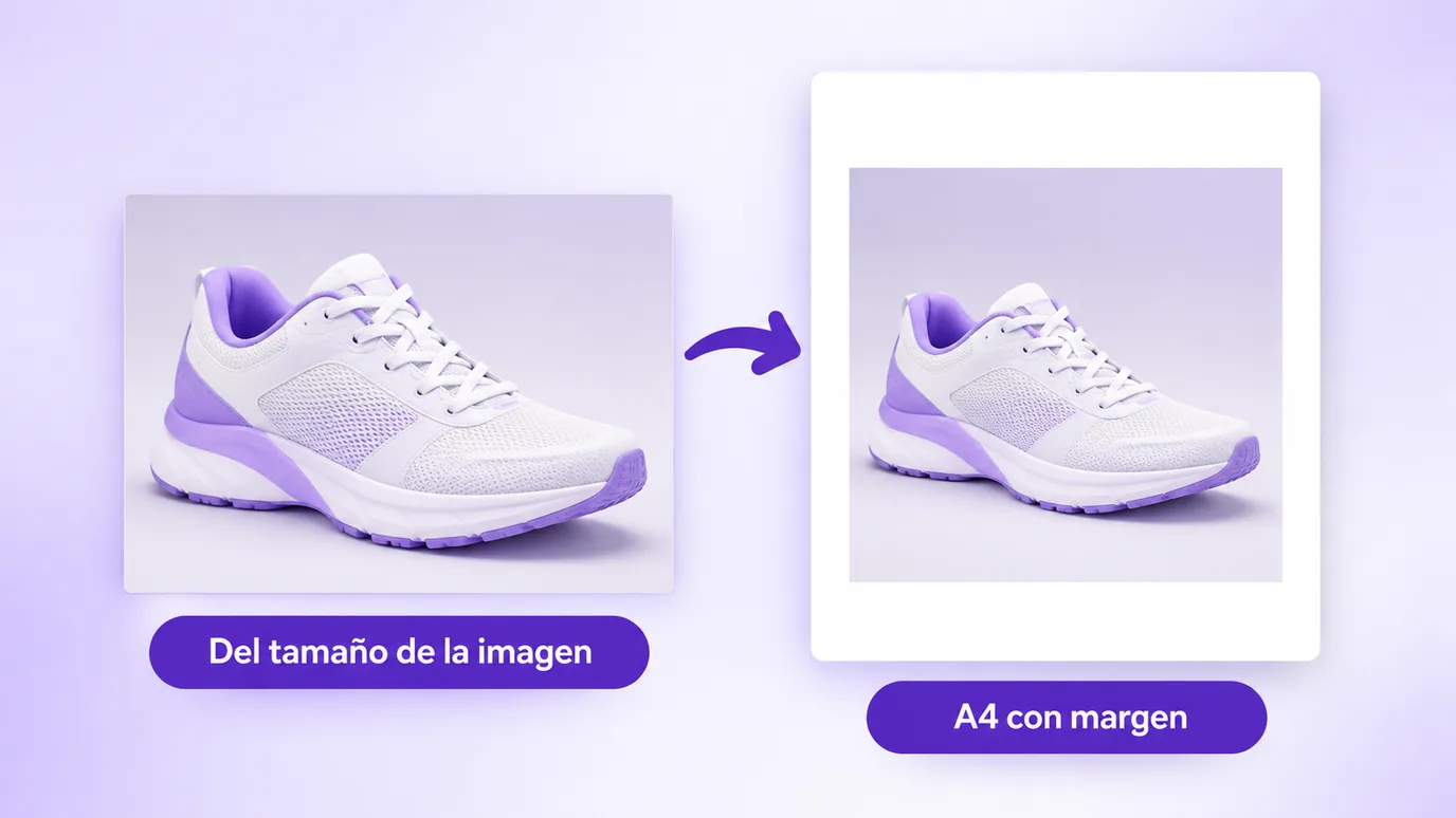 Página del tamaño de la imagen, sin margen, junto a una página A4 con la imagen centrada y con margen
