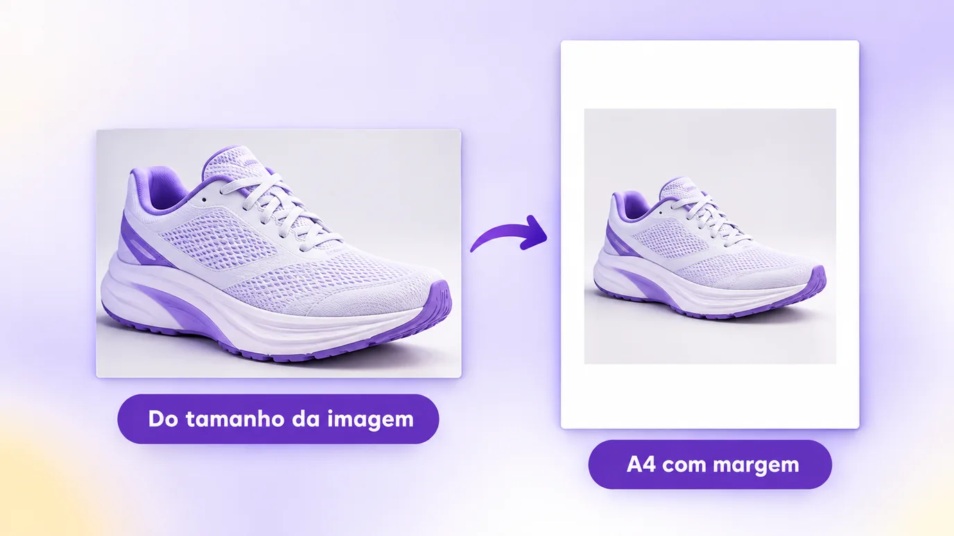 Página do tamanho da imagem, sem margem, ao lado de uma página A4 com a imagem centralizada e margem