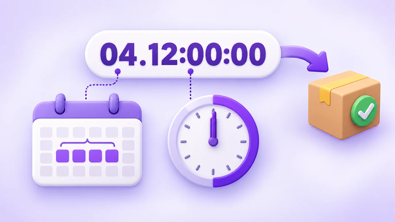 El plazo 04.12:00:00 representado con un calendario de cuatro días y un reloj con doce horas
