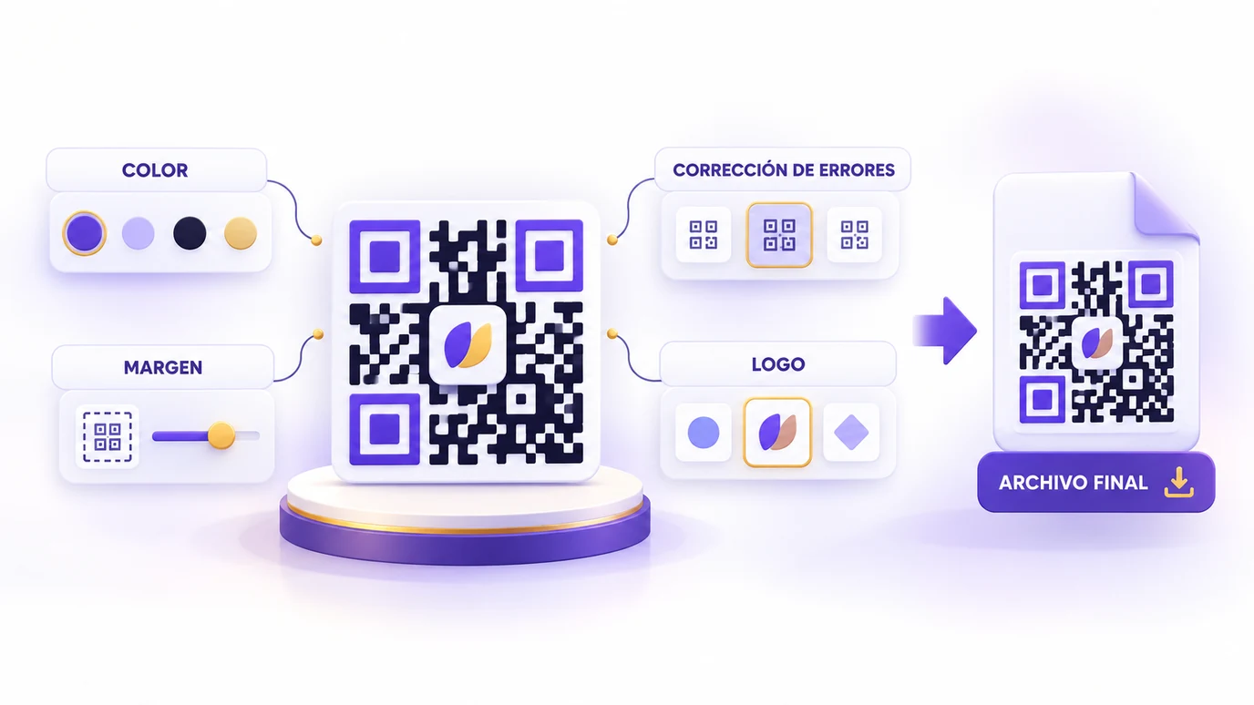 Personalización de un código QR con color, margen, corrección de errores y logo