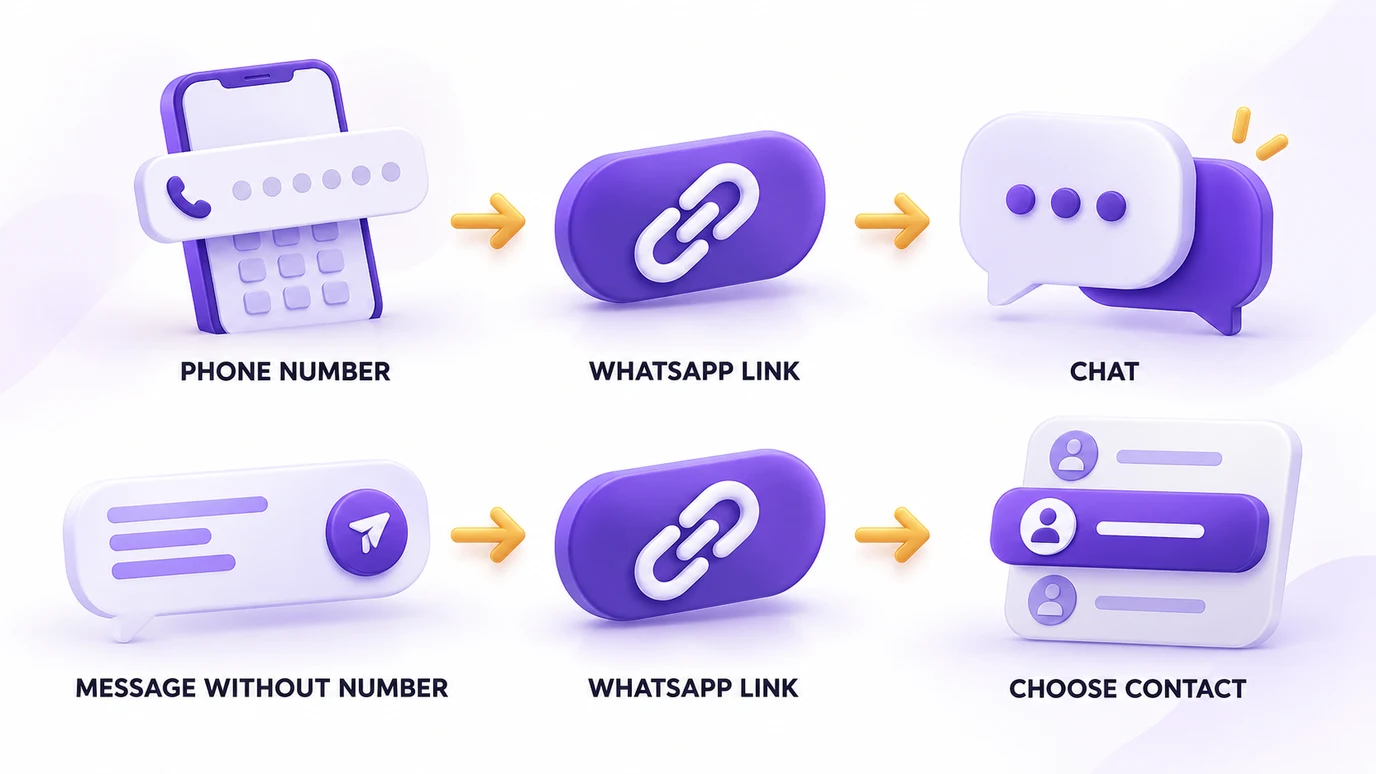Two ways to create a WhatsApp link: with a phone number or with a message only