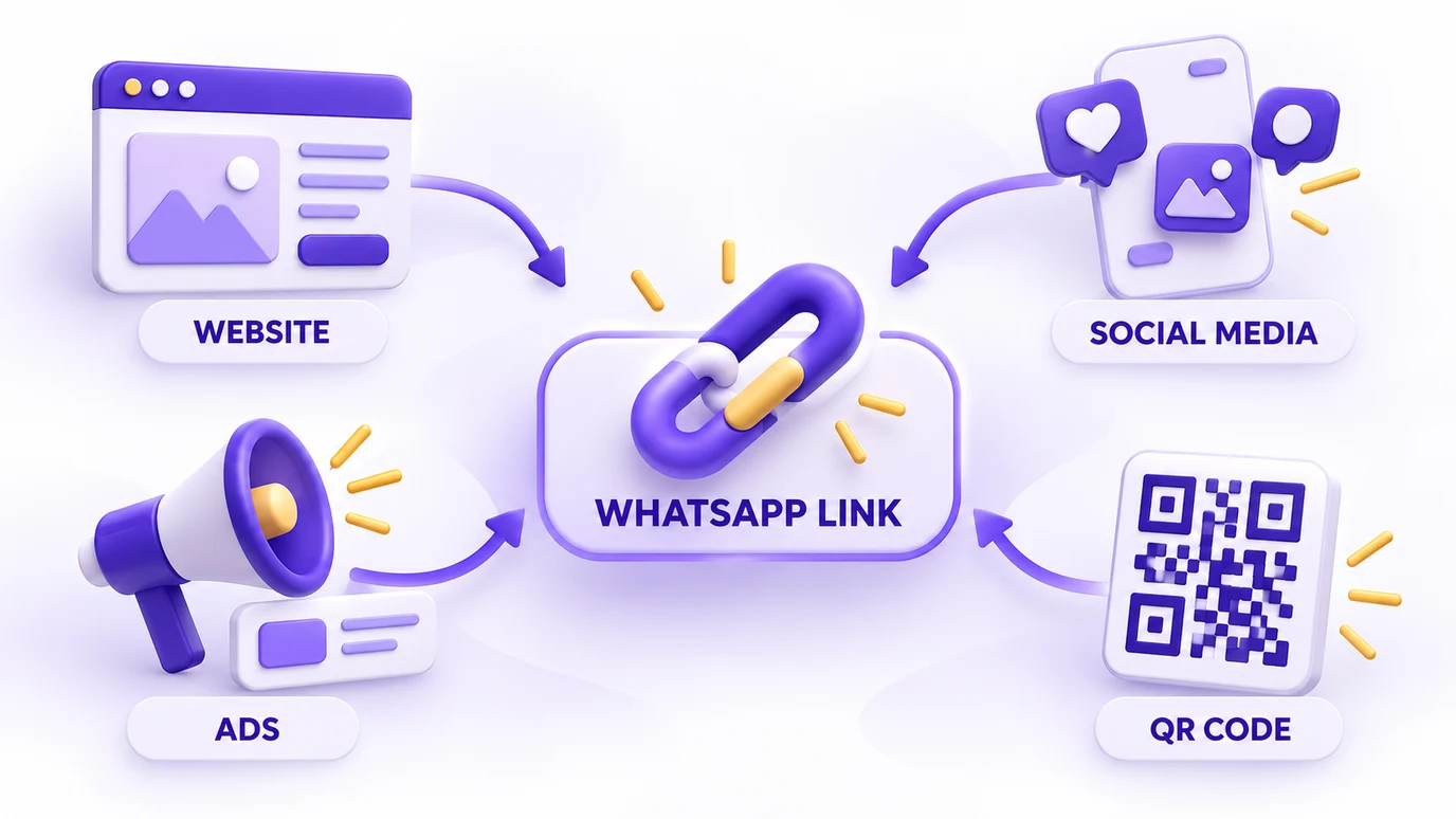 Places where a WhatsApp link can be used: website, social media, ads and QR Code