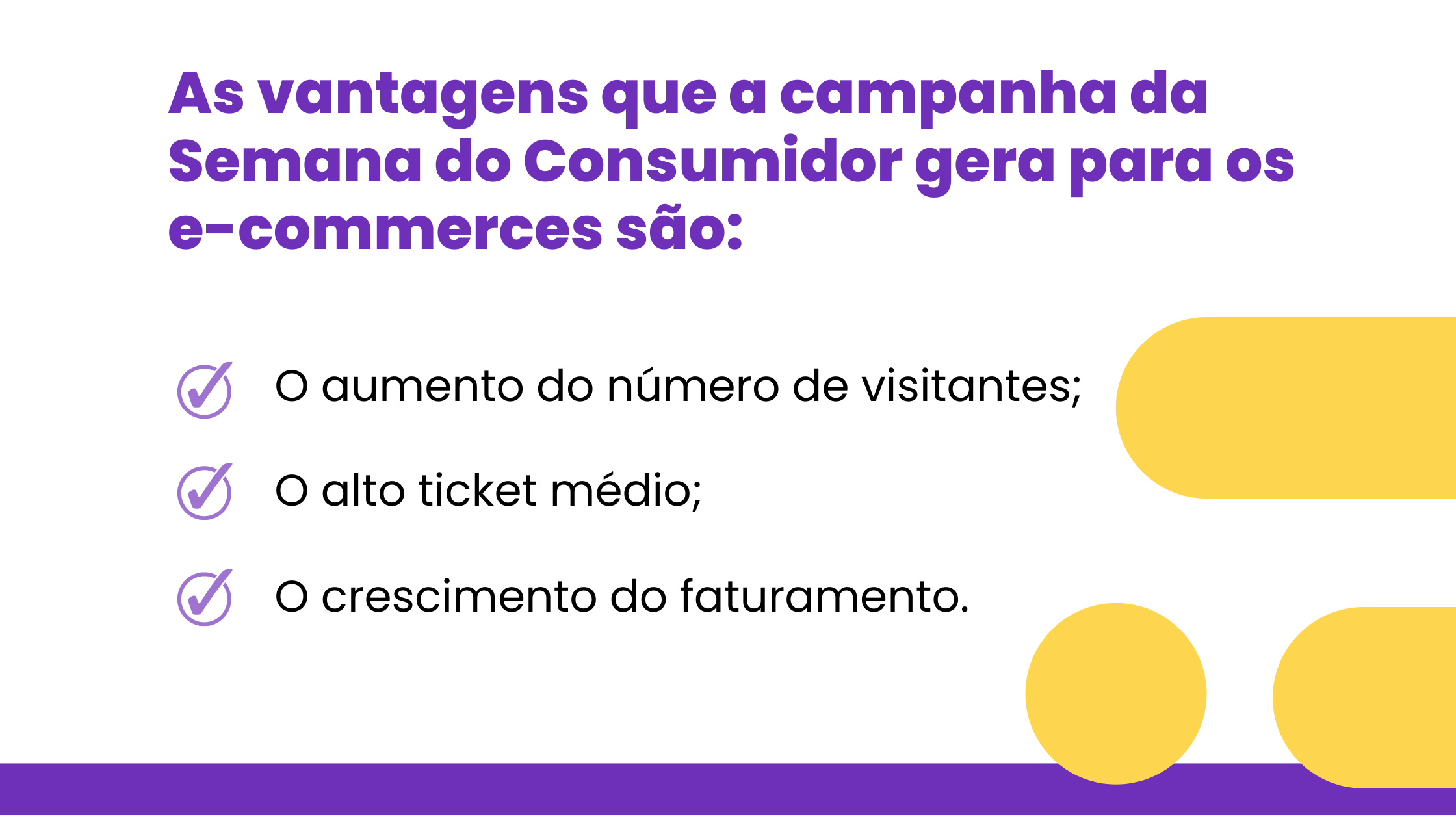 As vantagens que a campanha da Semana do Consumidor gera para os e-commerces são: O aumento do número de visitantes; O alto ticket médio; O crescimento do faturamento.